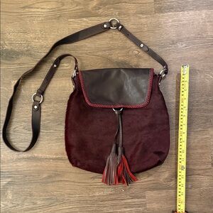 Cavalcanti Burgundy Leather and Cowhide Fur Crossbody Bag with Tassel